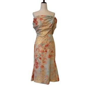 NWT Fehaute Off-the-Shoulder Mermaid Midi Dress, Blue/Floral, Women's Size 2